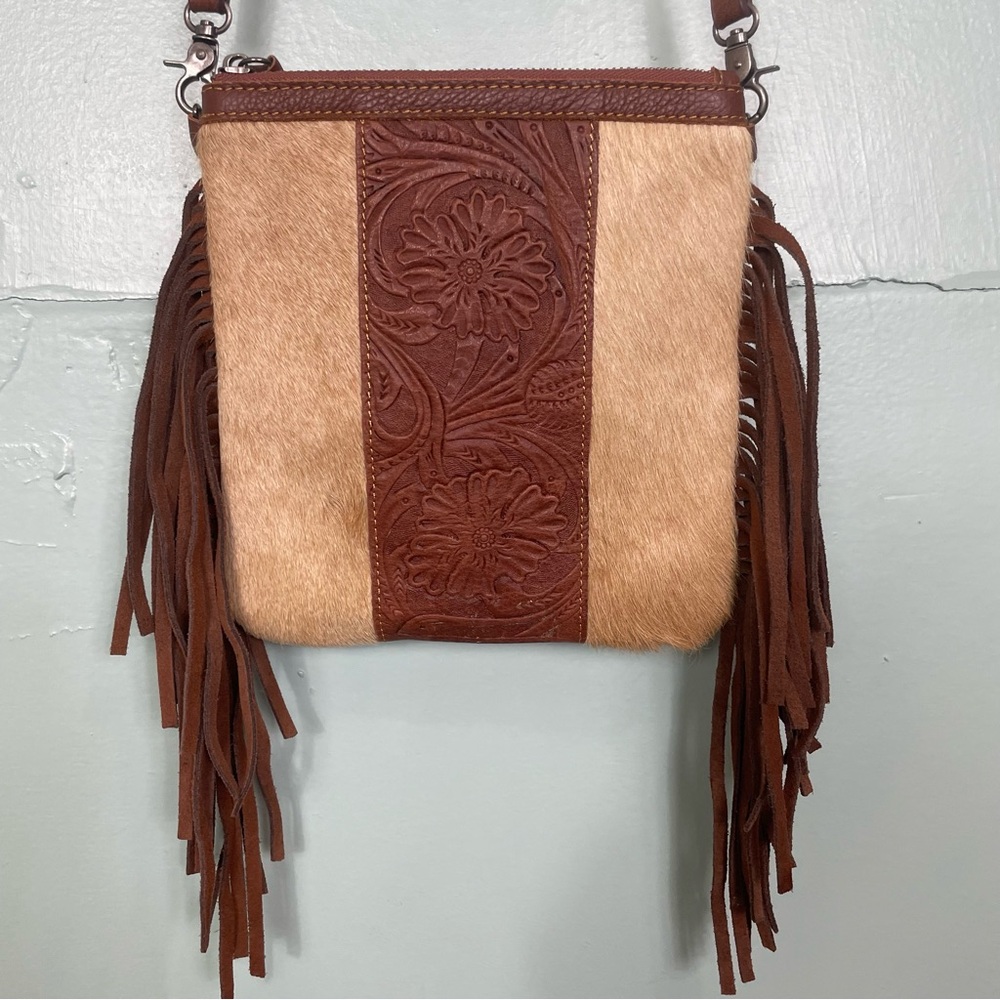 Leather Animal Fur Crossbody Bag Genuine Hand Tool Carved Floral Fringe Western